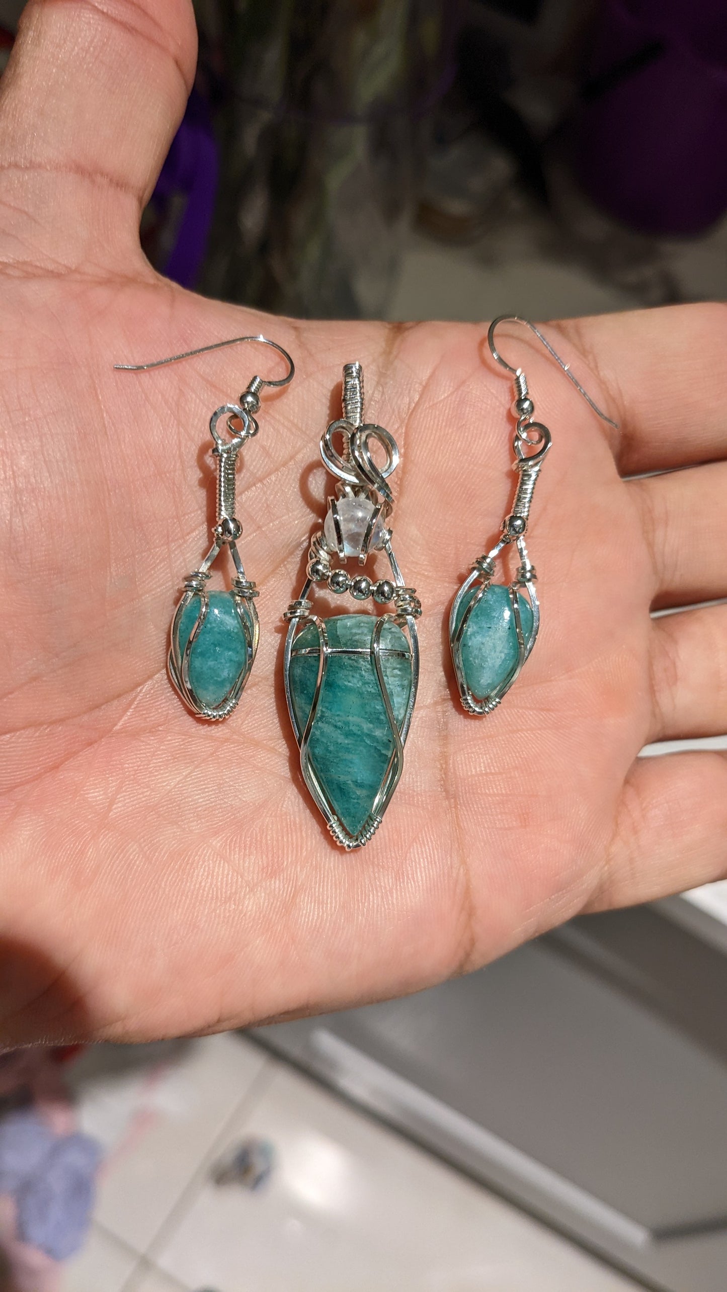 Amazonite and Rainbow Moonstone wrapped in Sterling Silver